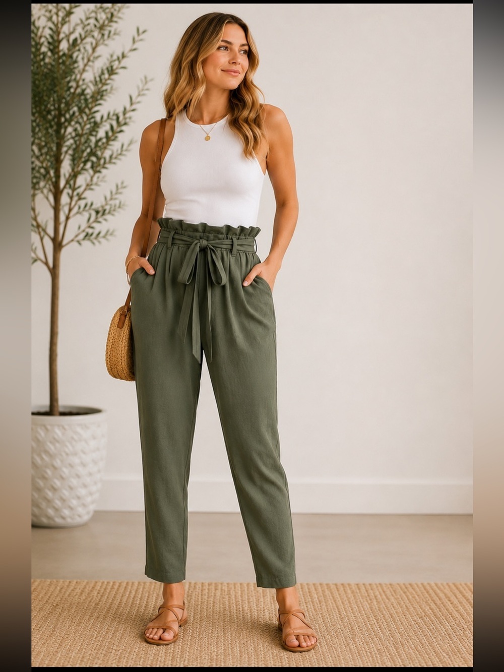 NWT Soho Paperbag High Waist Ankle Pants with Tie Belt Olive Green XL